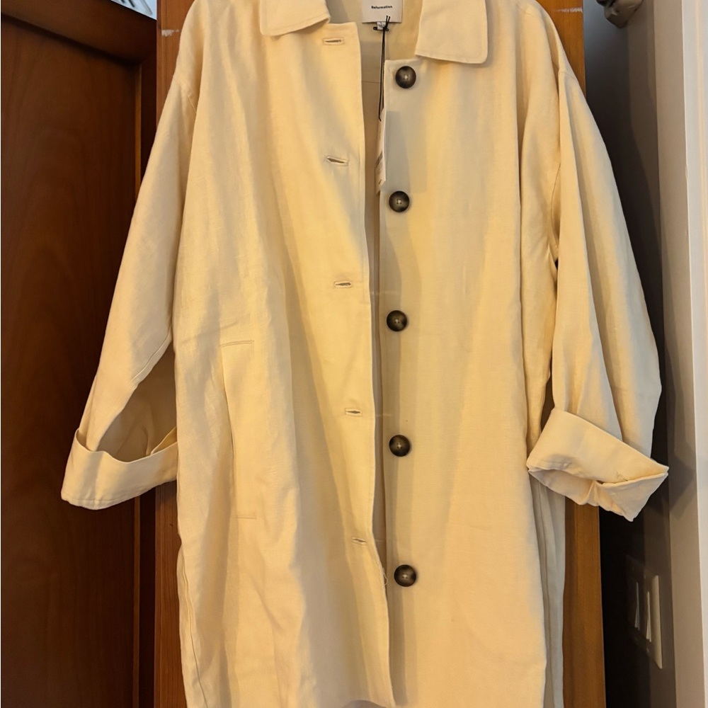Reformation Irene Linen Button-Up Trench Coat in Sugar - Picture 7 of 10